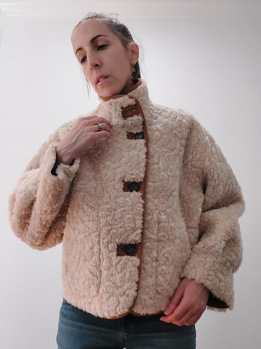 Zara Small Double Faced Cream Teddy Faux Shearling Jacket with Tan Trim - Picture 2 of 16